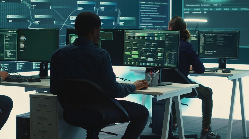 Cyber intelligence team of experts in a governmental hacking room